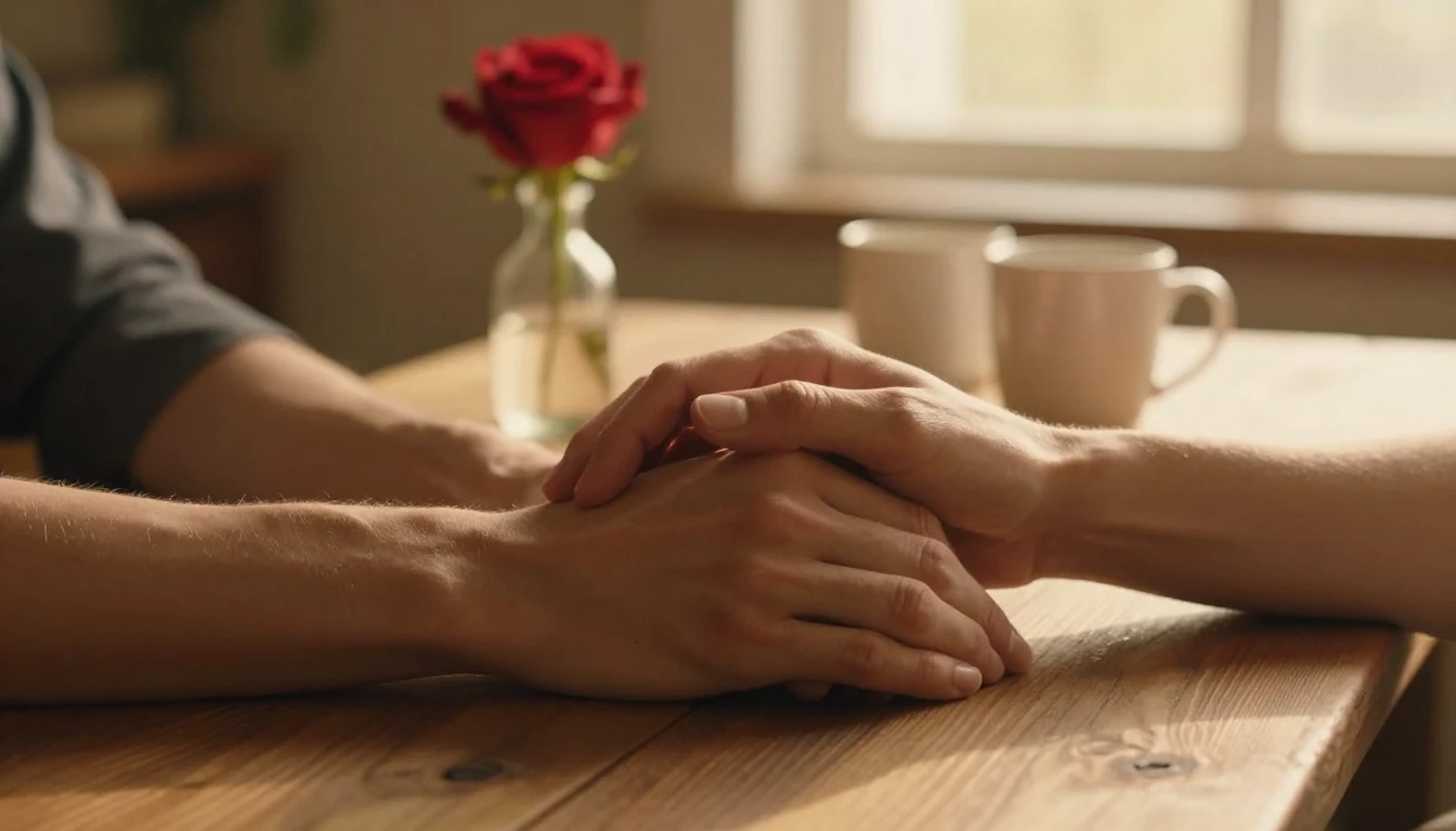 A close-up, cinematic shot of two hands gently intertwined r...