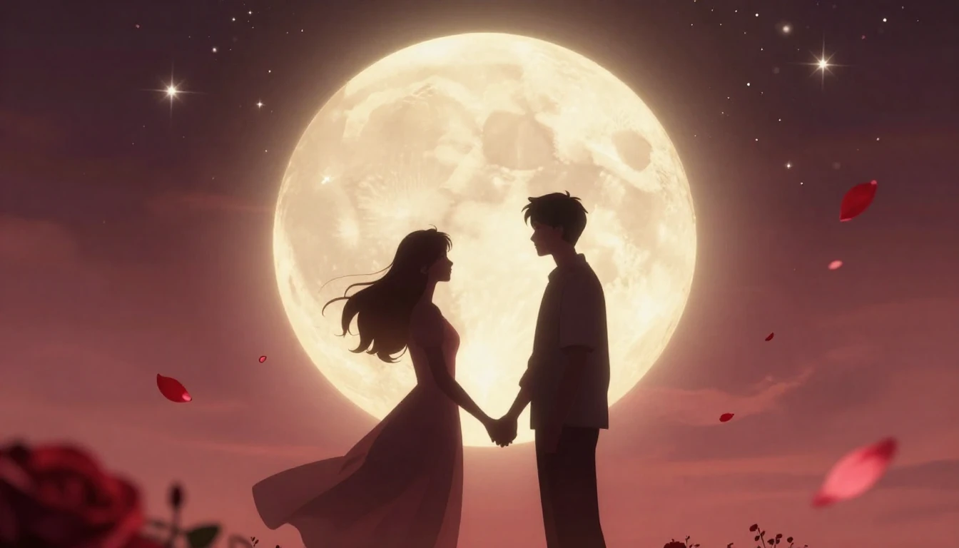 A romantic and dreamy illustration featuring a silhouette of...
