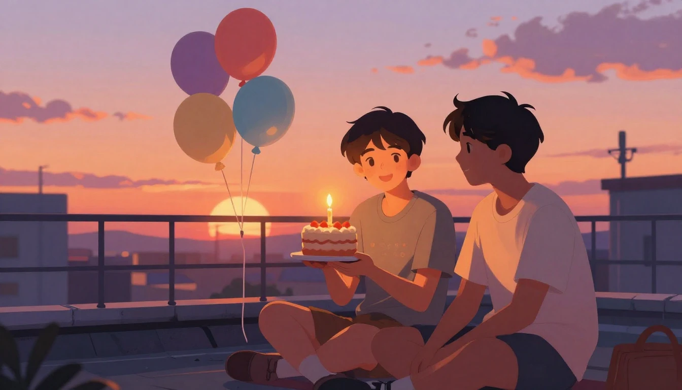 A warm and festive illustration showing two friends sitting ...