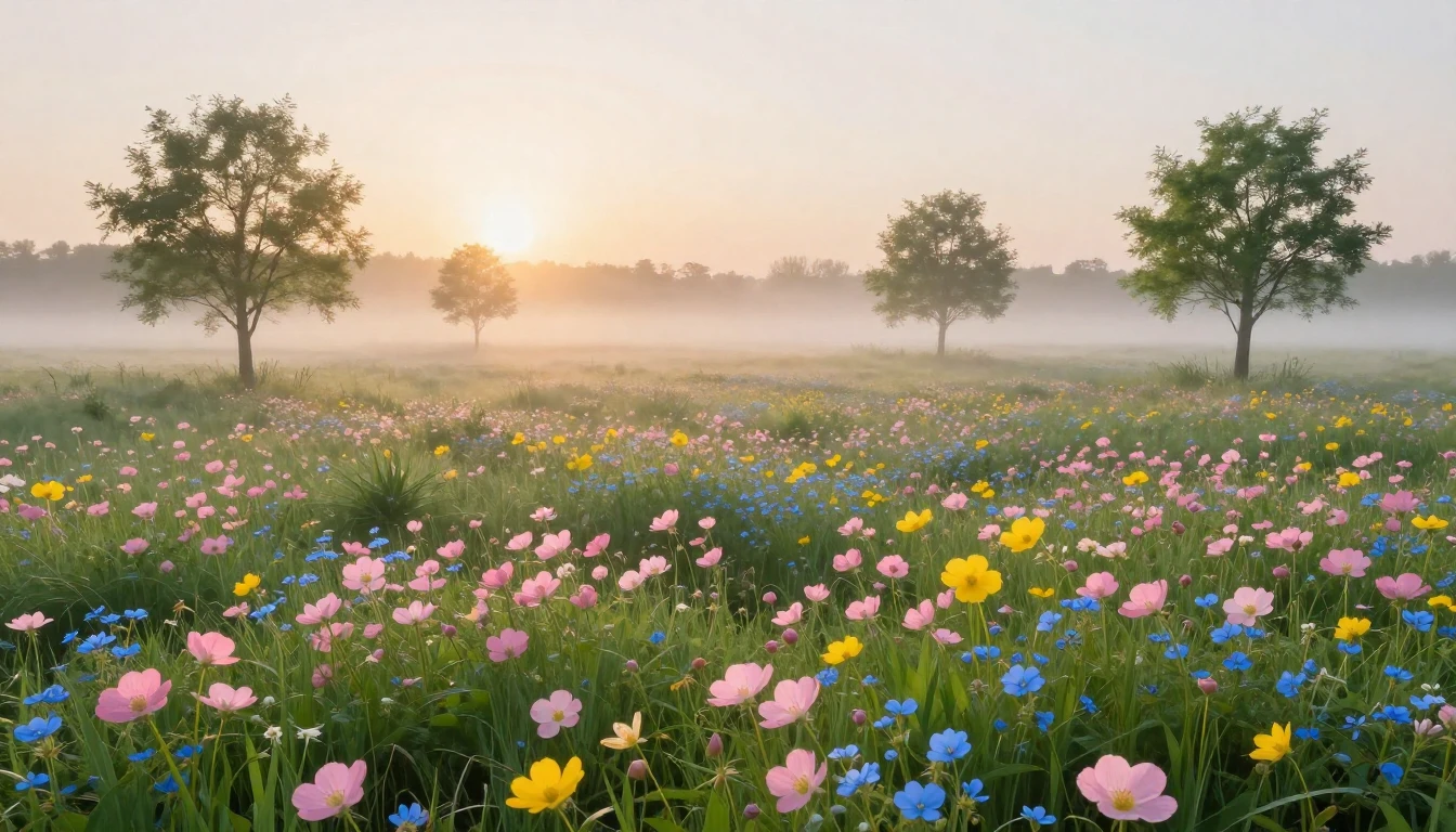 A breathtaking landscape featuring a lush meadow filled with...