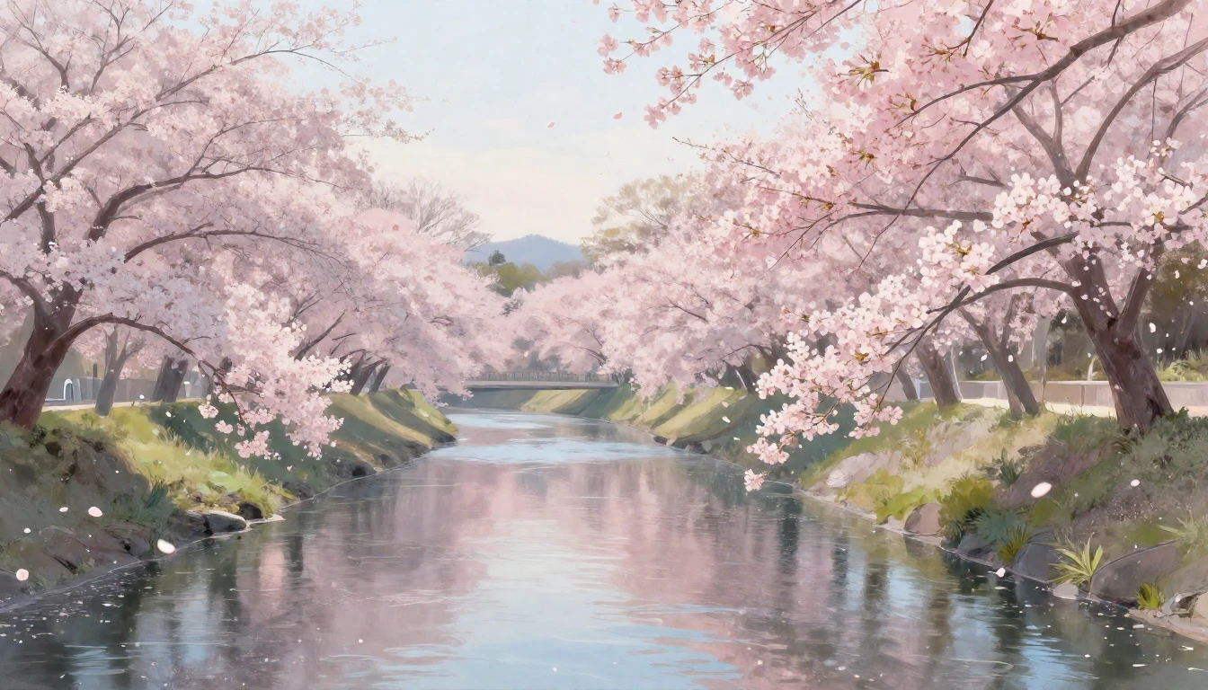 A breathtaking landscape of cherry blossom trees in full blo...