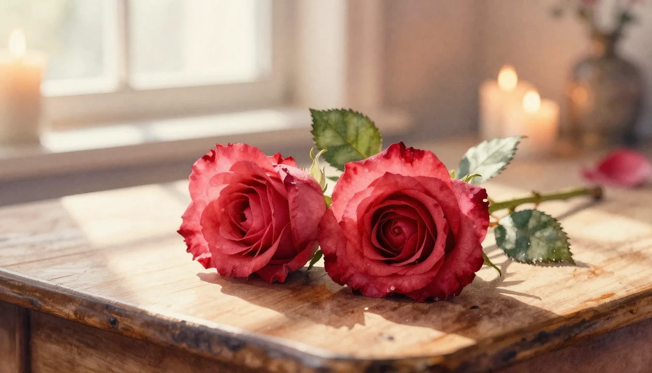 A delicate watercolor painting of two intertwined red roses ...