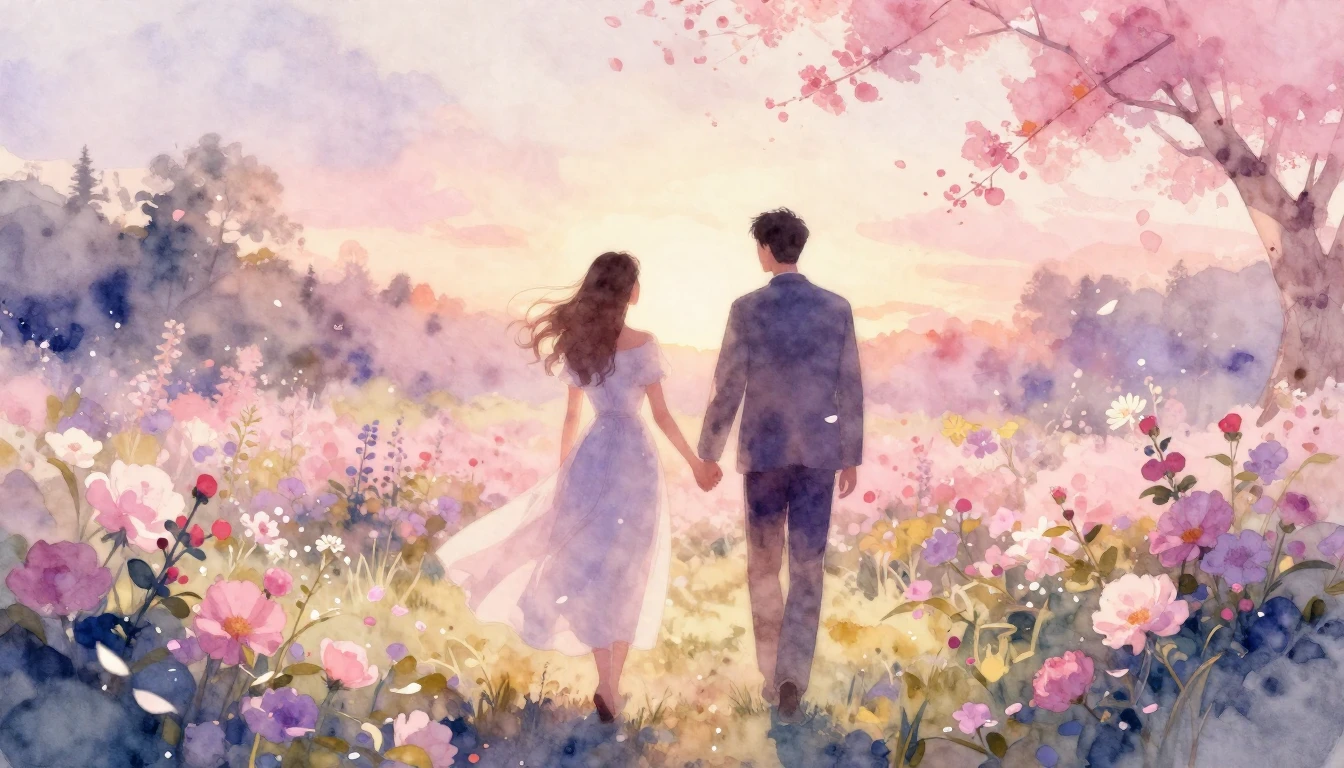 A beautiful and ethereal watercolor painting of two silhouet...