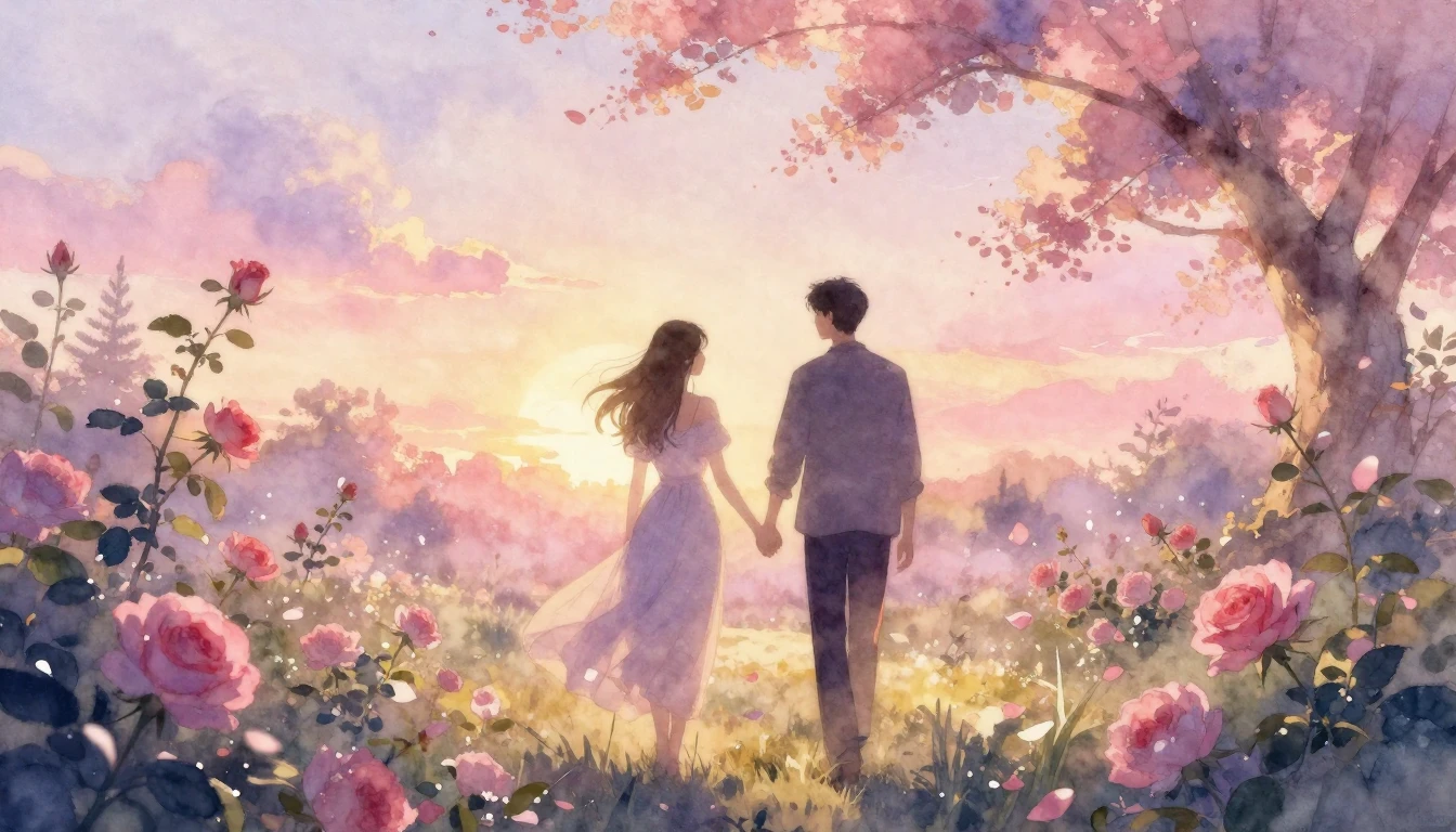 A beautiful and ethereal watercolor painting of two silhouet...