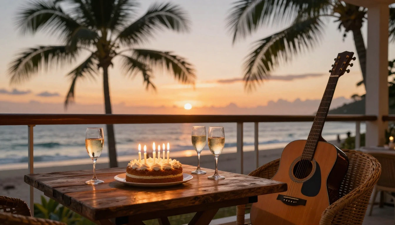 A warm and inviting birthday scene set on a balcony overlook...