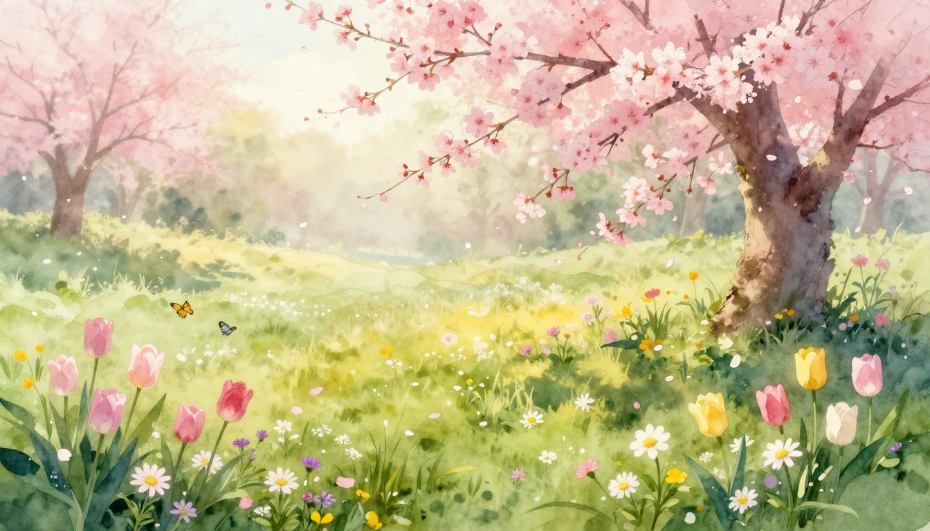 A beautiful watercolor painting of a lush spring meadow at s...