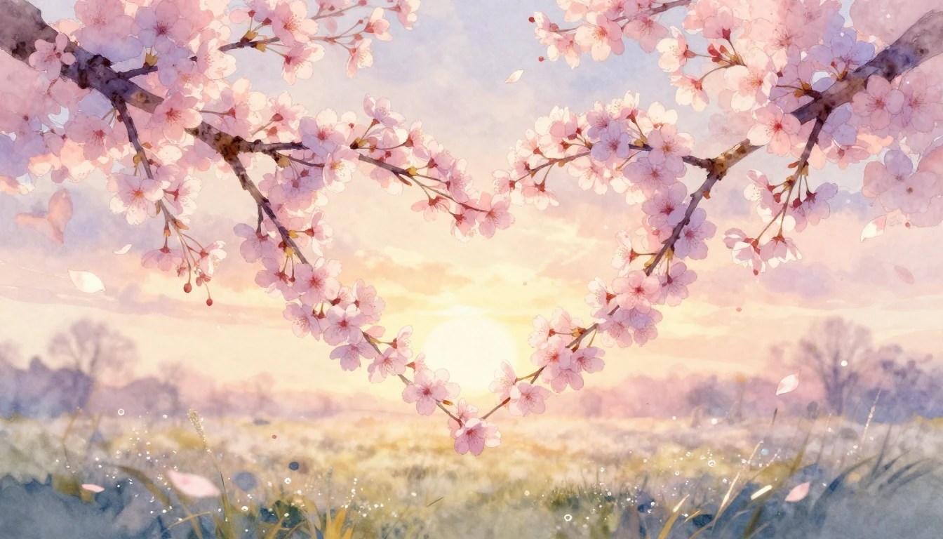 A delicate watercolor painting of two intertwined cherry blo...