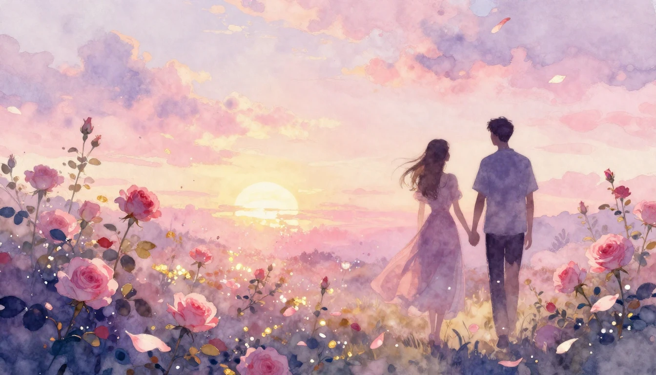 A dreamlike watercolor painting of two silhouettes walking h...