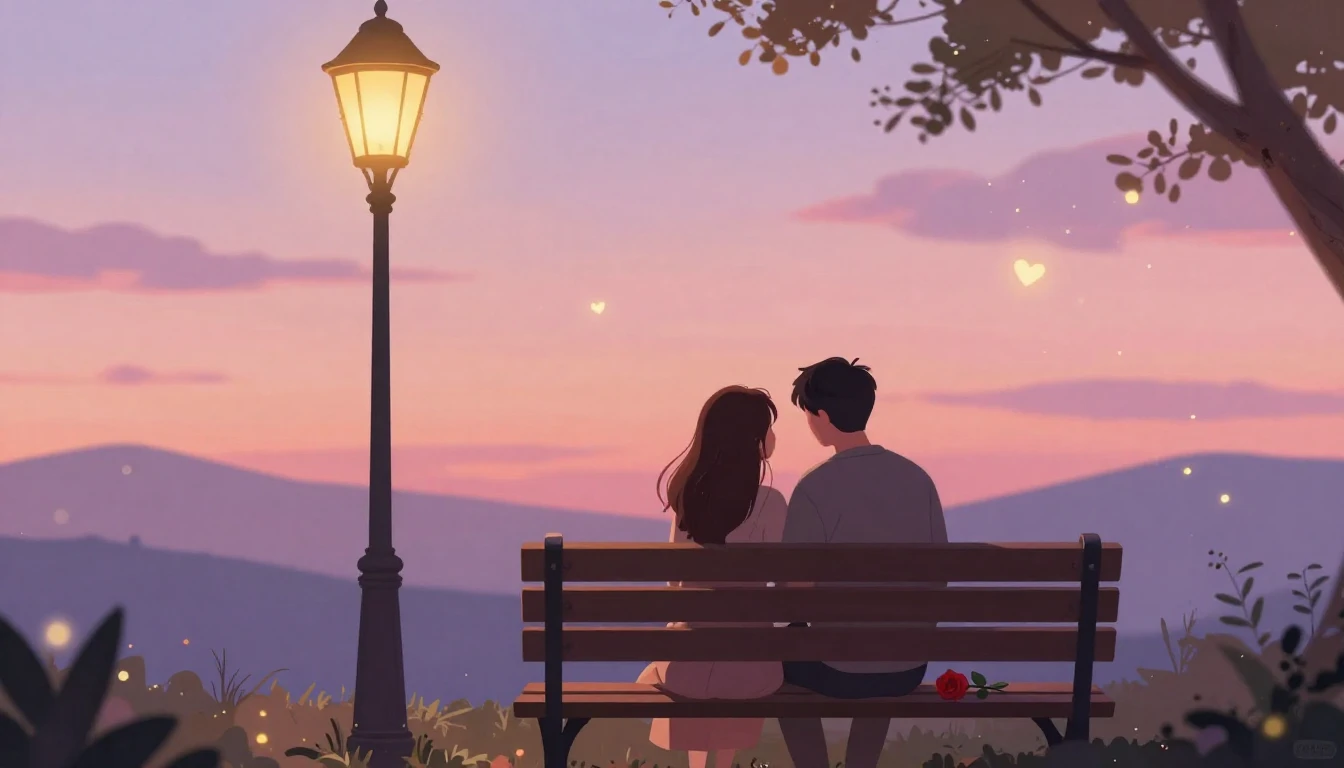A romantic and dreamy illustration of a couple sitting close...