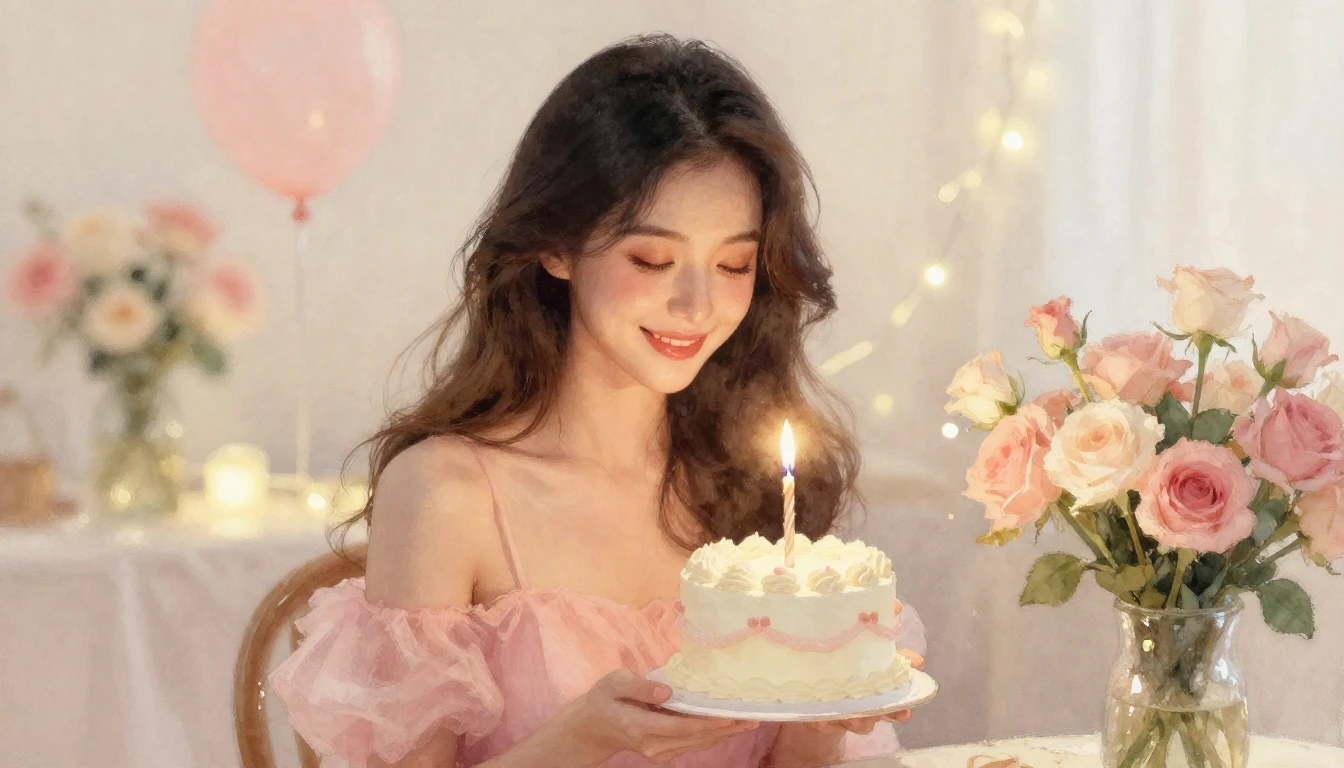 A romantic and soft watercolor painting featuring a beautifu...