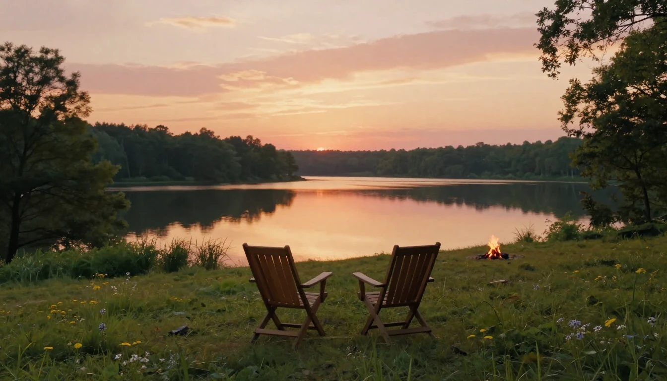 A serene landscape featuring two empty wooden chairs on a gr...