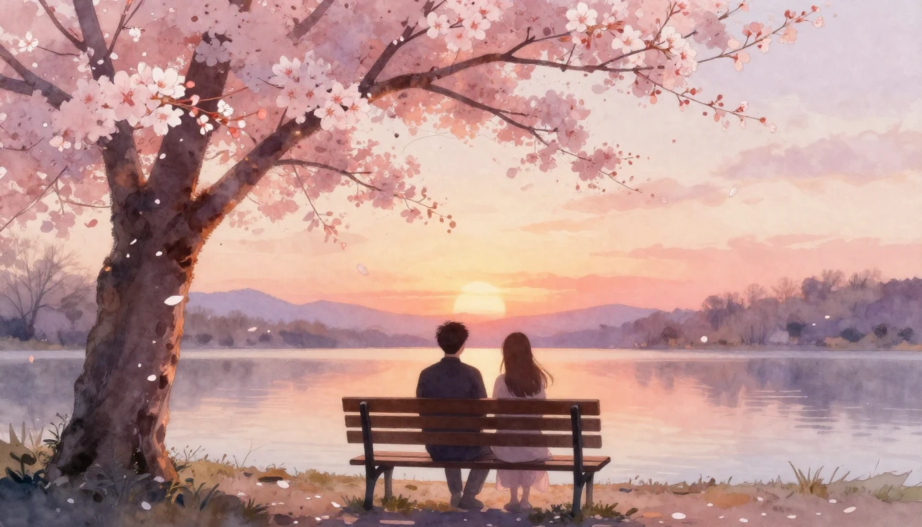 A dreamy watercolor painting of two silhouettes sitting clos...