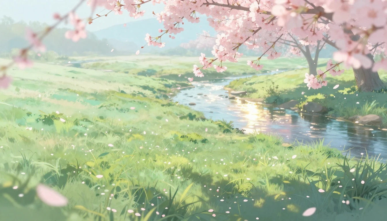 A serene landscape capturing the arrival of spring. Delicate...