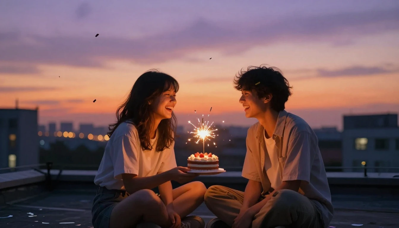 A heartwarming scene of two best friends sitting on a roofto...