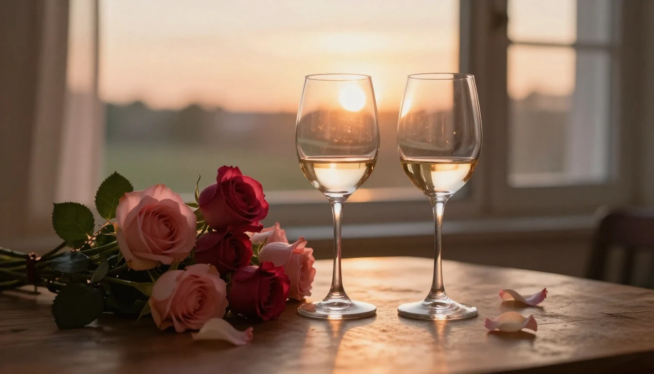 A dreamy and romantic scene featuring two elegant wine glass...