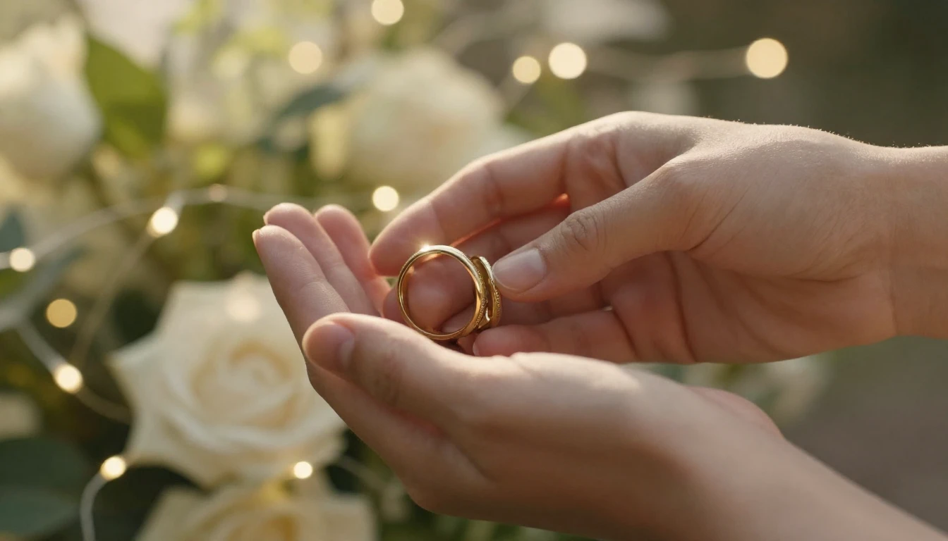 A close-up of two hands holding gently, wearing elegant gold...