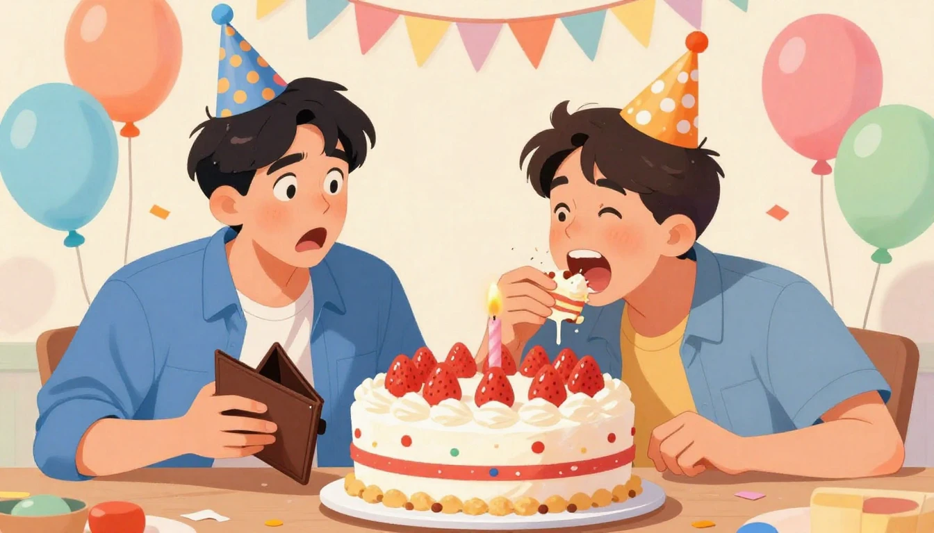 A funny illustration of two friends celebrating a birthday p...