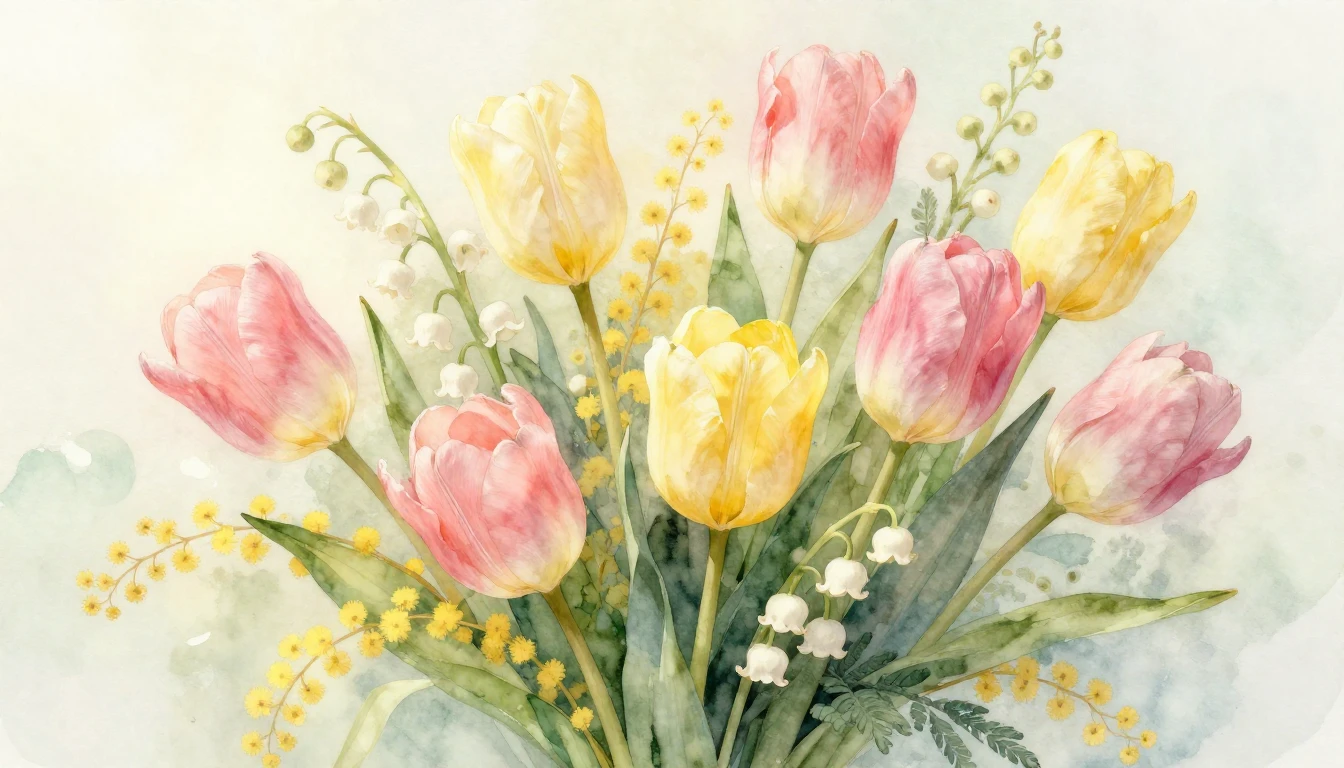 A delicate watercolor painting of a lush bouquet of spring f...