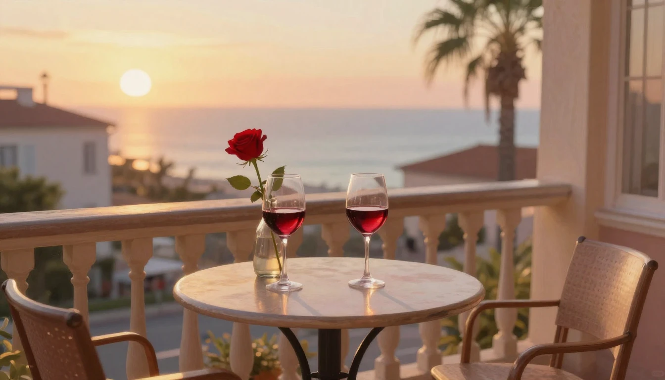 A romantic, cozy balcony scene at sunset overlooking a seasi...