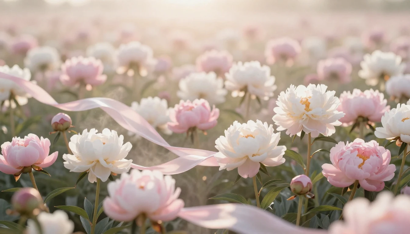 A breathtaking field of soft pink and white peonies gently s...
