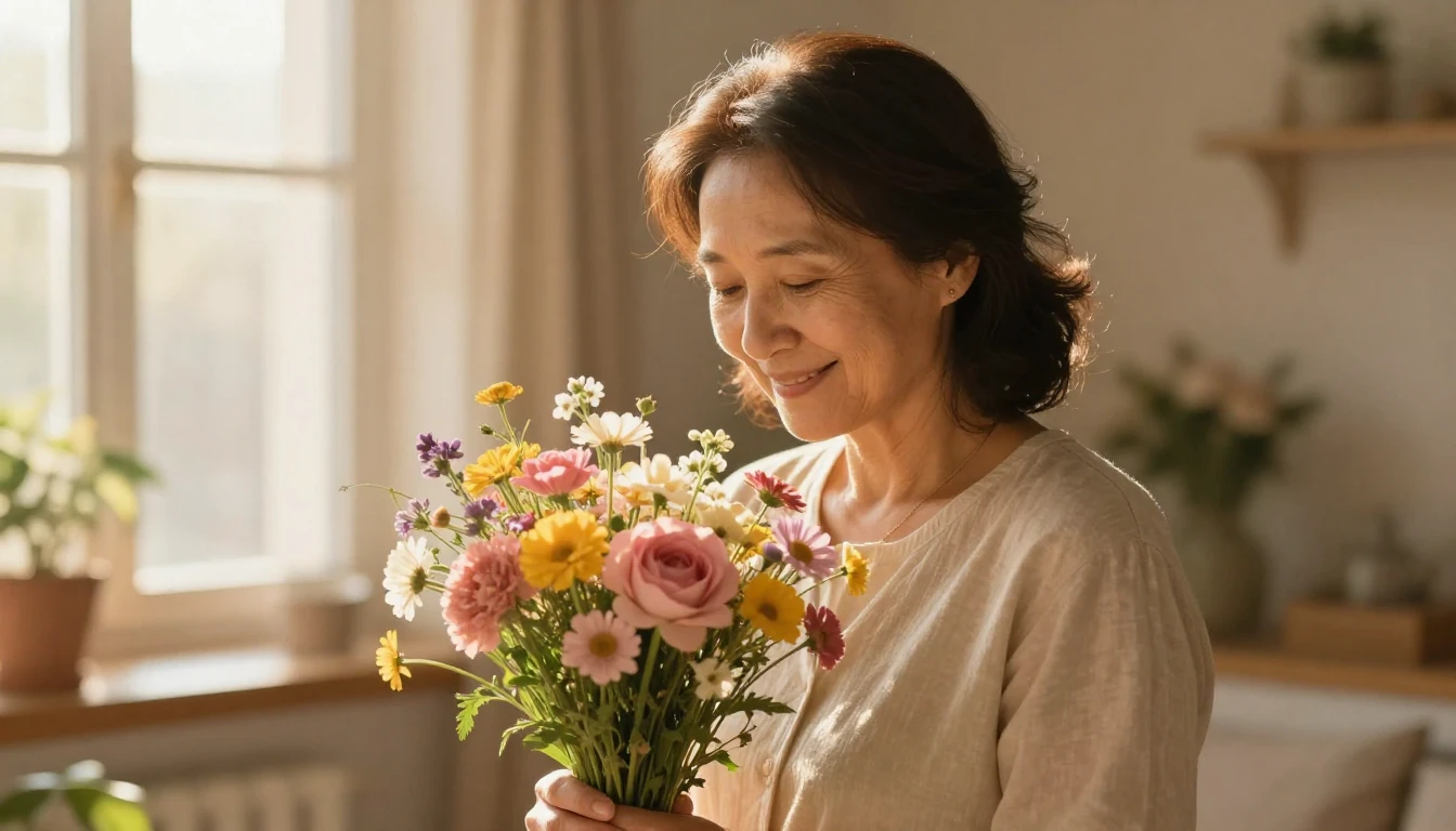 A heartwarming illustration of a gentle, smiling middle-aged...