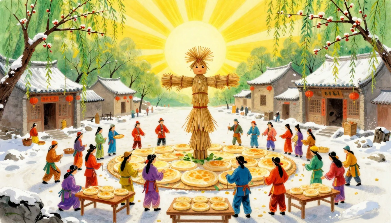 A vibrant scene of a traditional spring festival in a snowy ...