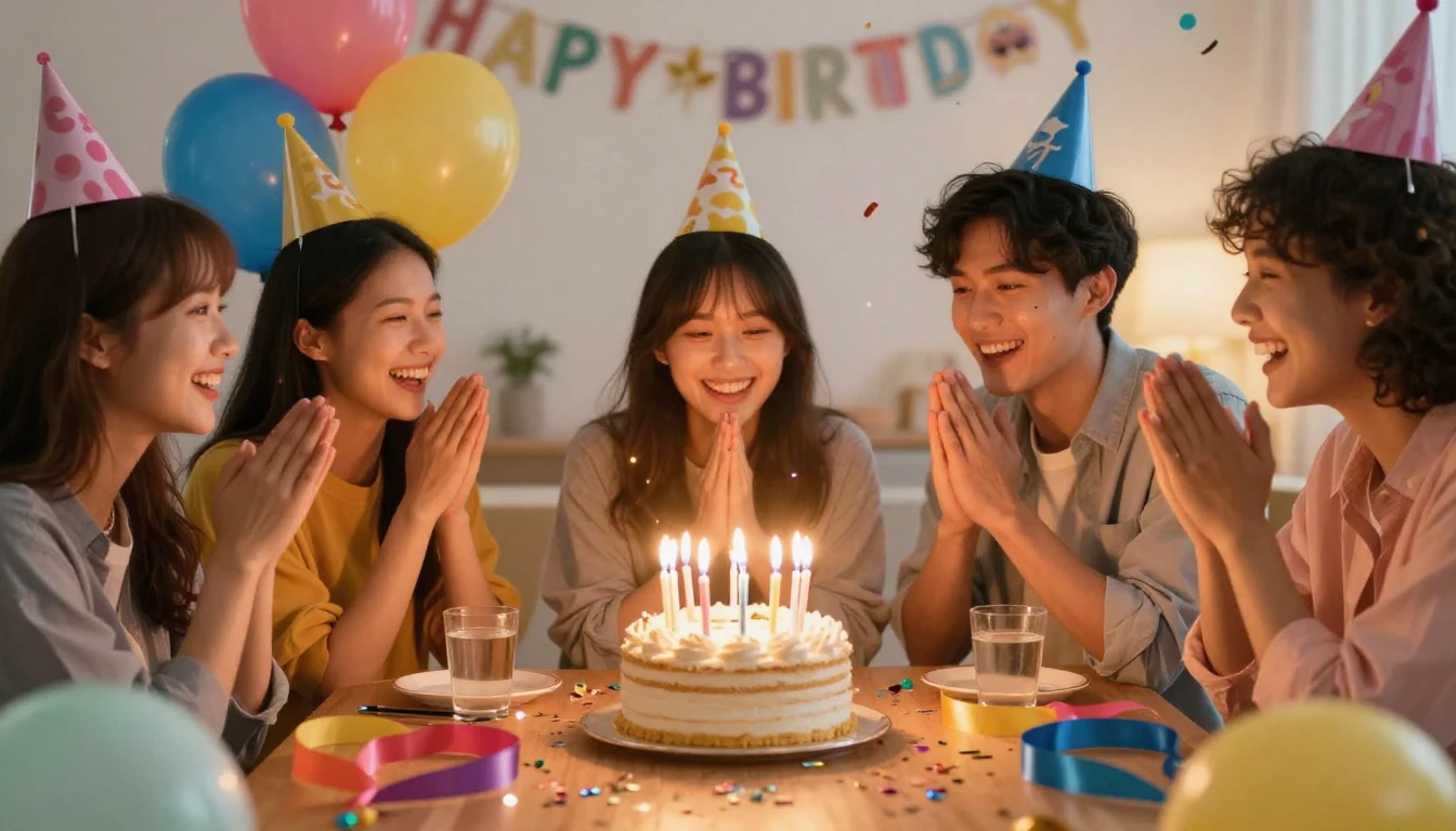 A joyful birthday celebration scene among close friends, a d...