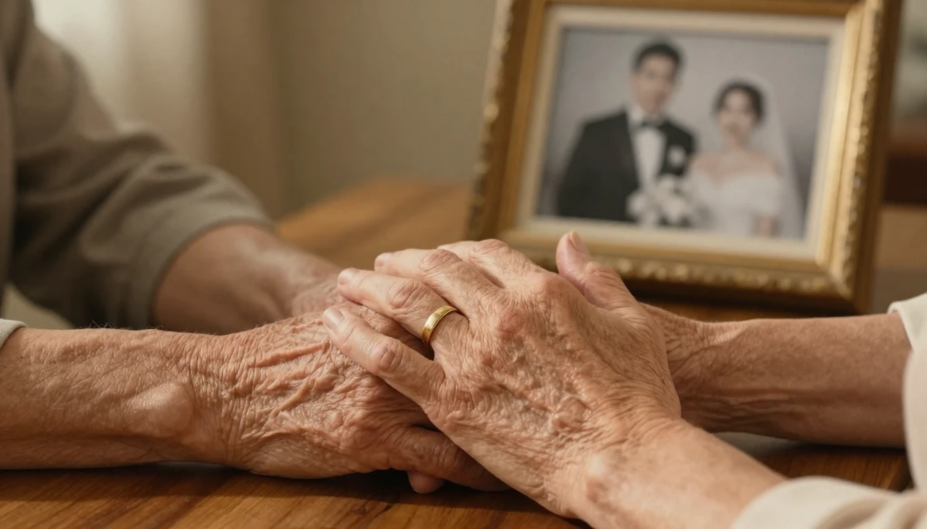 A close-up cinematic shot of an elderly couple's hands holdi...