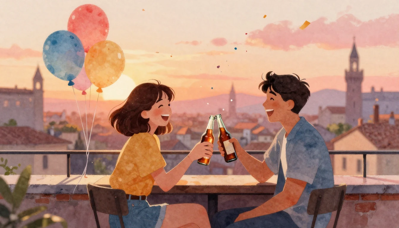 A heartwarming watercolor illustration of two friends sittin...