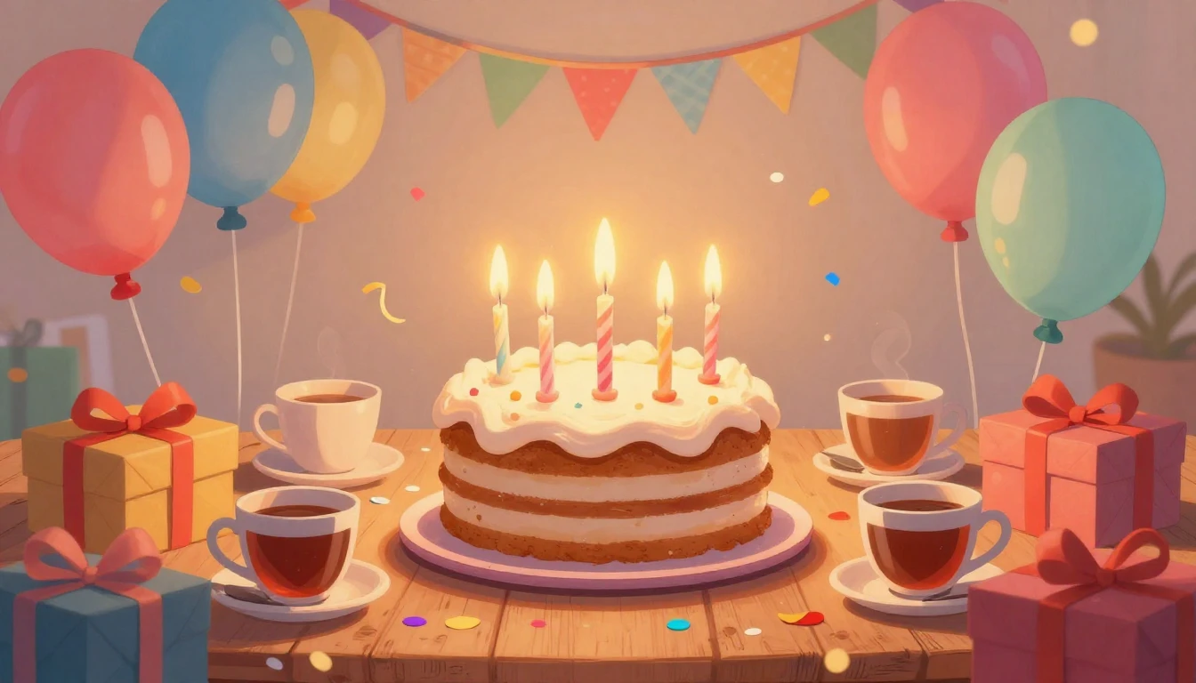 A cheerful and warm illustration of a birthday celebration. ...