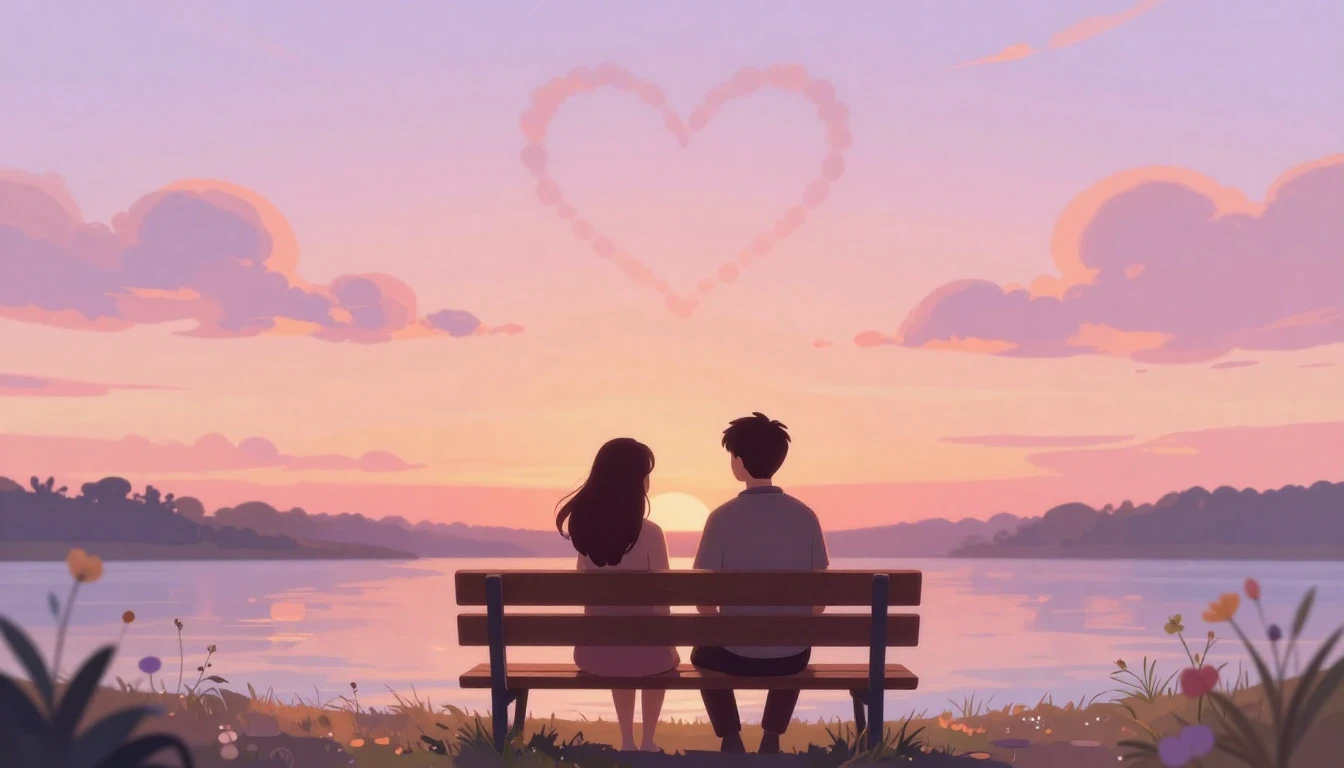 A romantic and dreamy illustration of two silhouettes sittin...