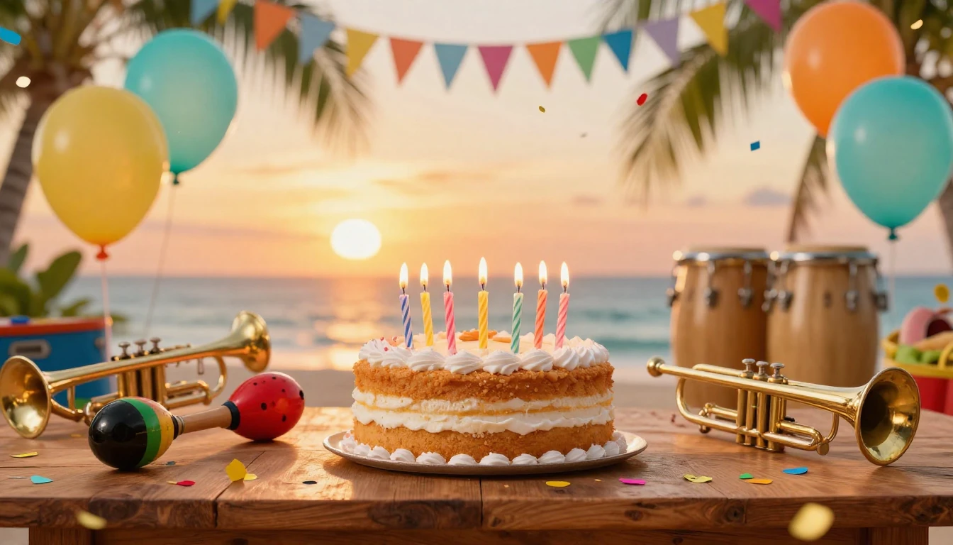 A vibrant and festive birthday celebration scene, tropical a...