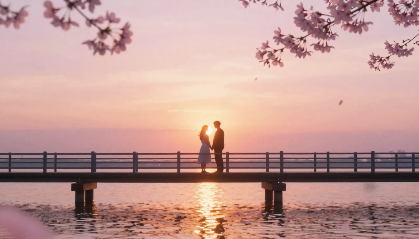 A serene and romantic scene featuring two delicate silhouett...