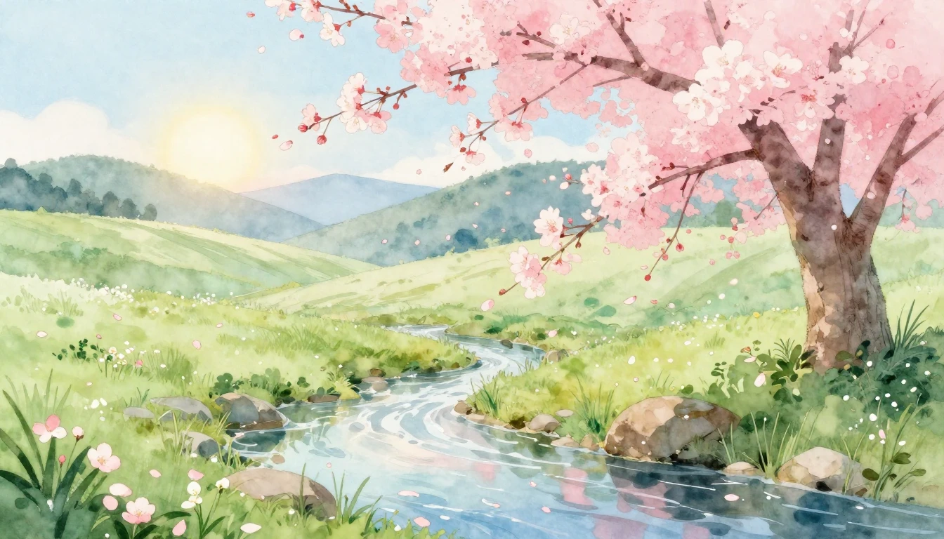 A serene spring landscape painted in delicate watercolor. So...