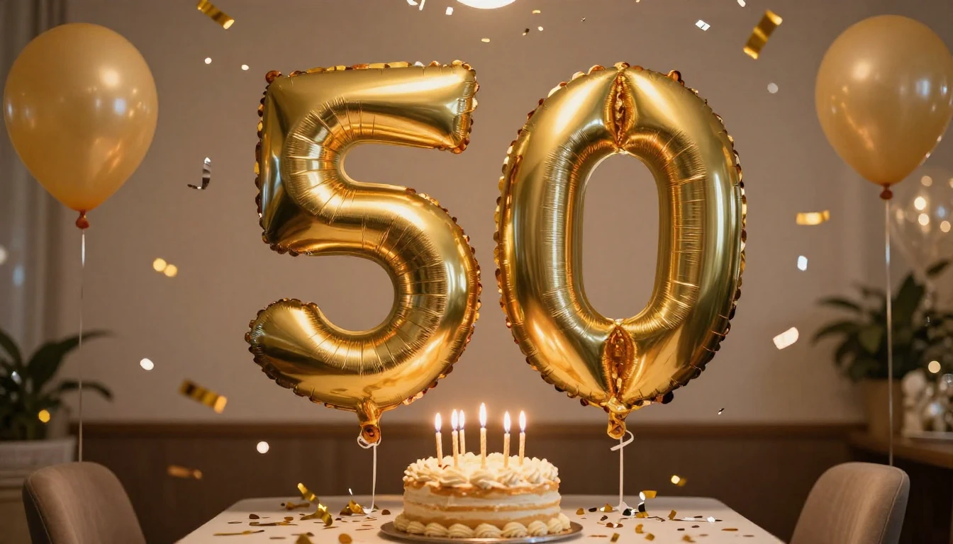 A festive and elegant birthday celebration scene for a 50th ...