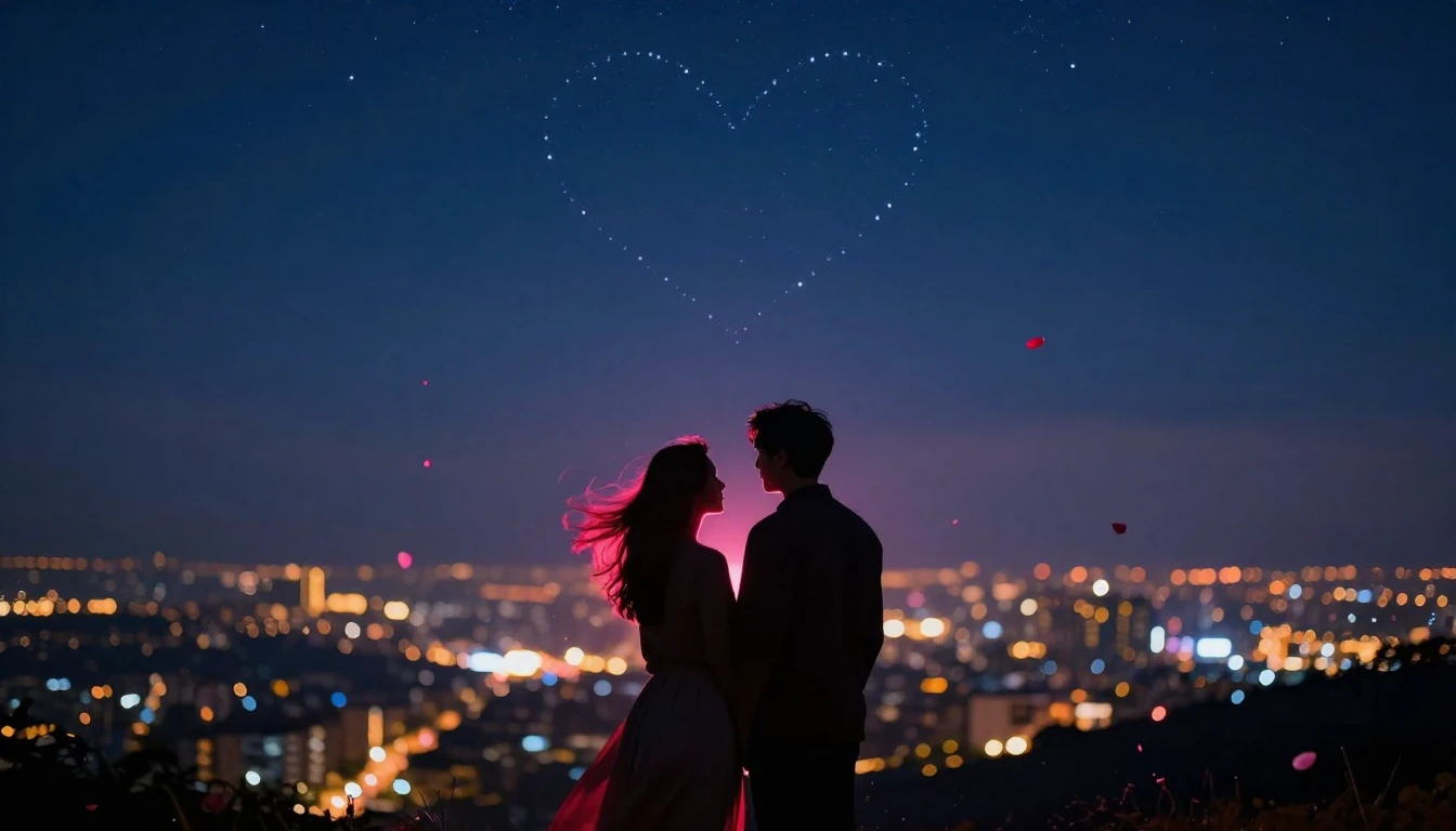 A romantic and atmospheric scene featuring silhouettes of a ...