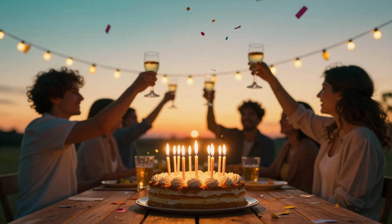 A vibrant and joyful scene of a birthday celebration outdoor...