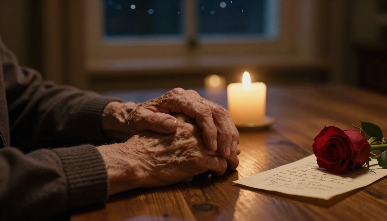 A cinematic close-up shot of two elderly hands holding each ...