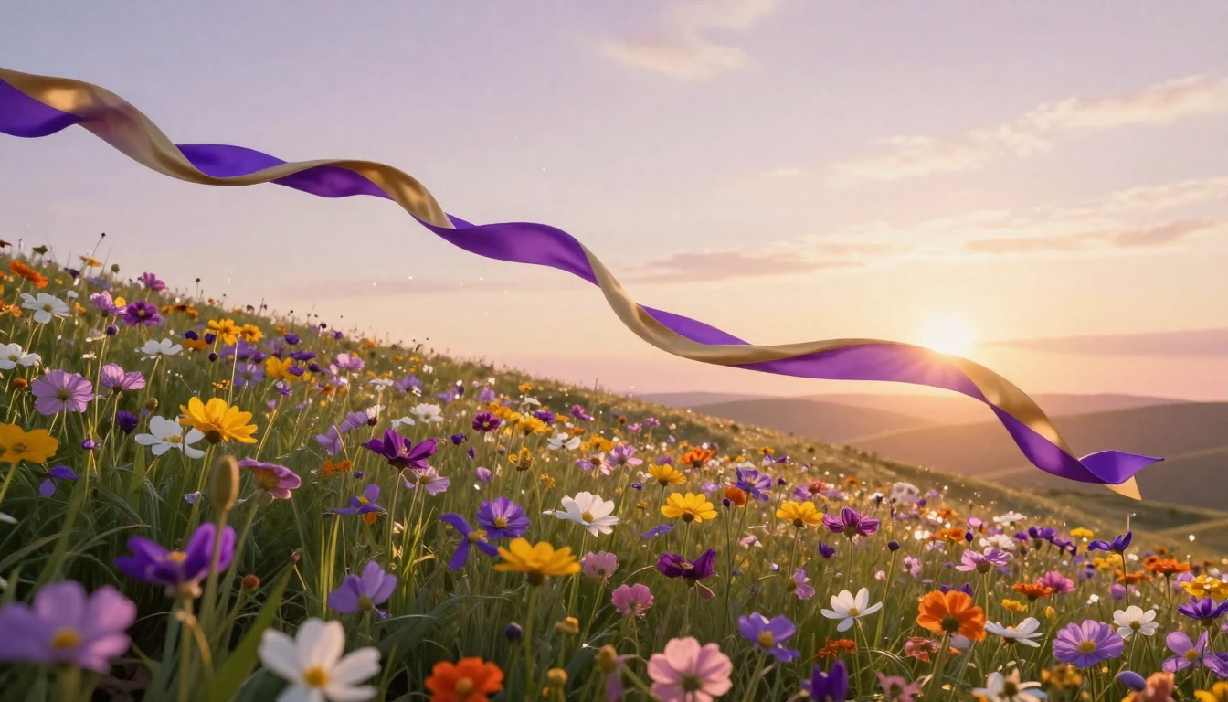 A breathtaking landscape at sunrise where a field of diverse...