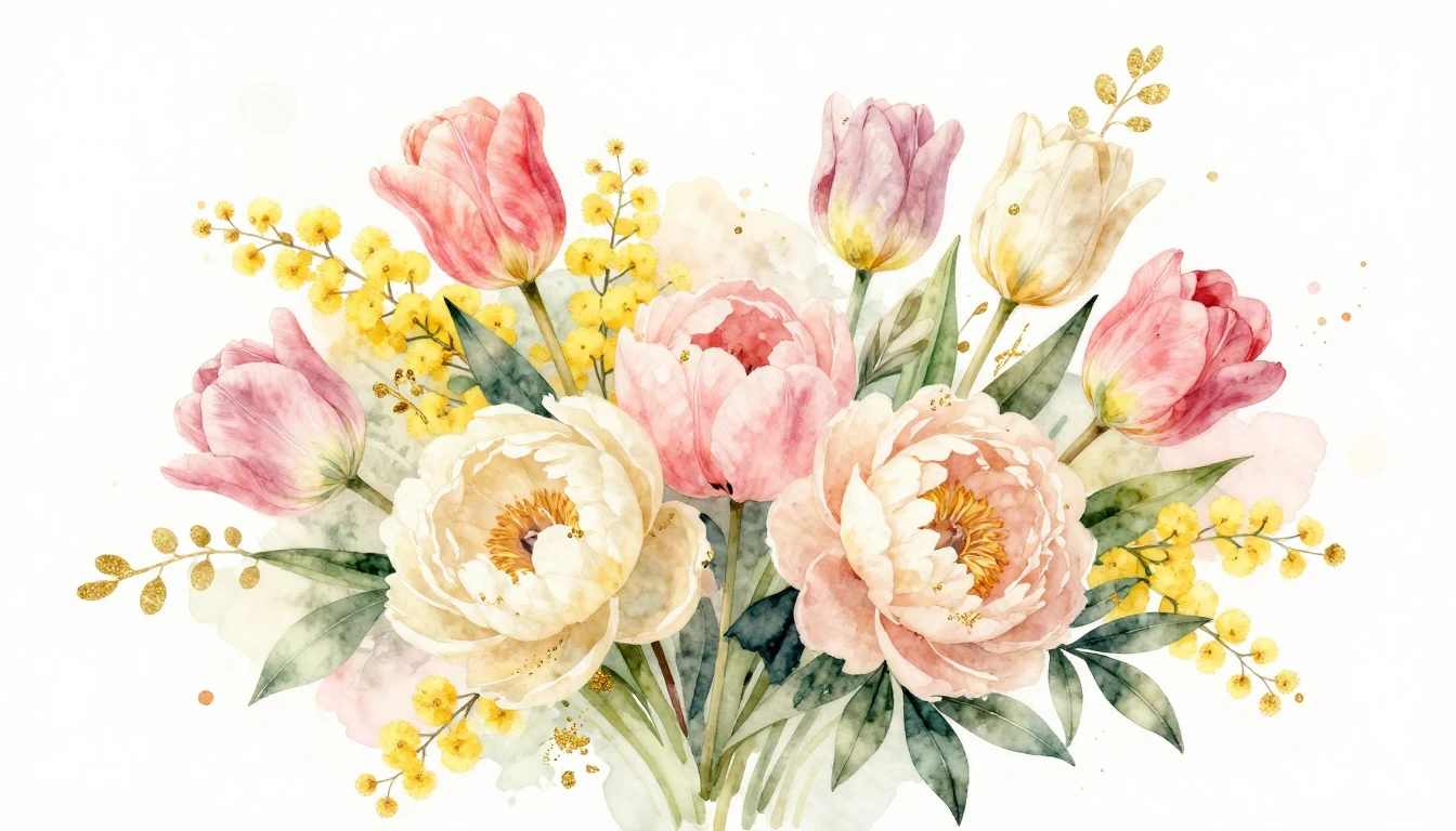 A beautiful watercolor painting of a lush bouquet of spring ...