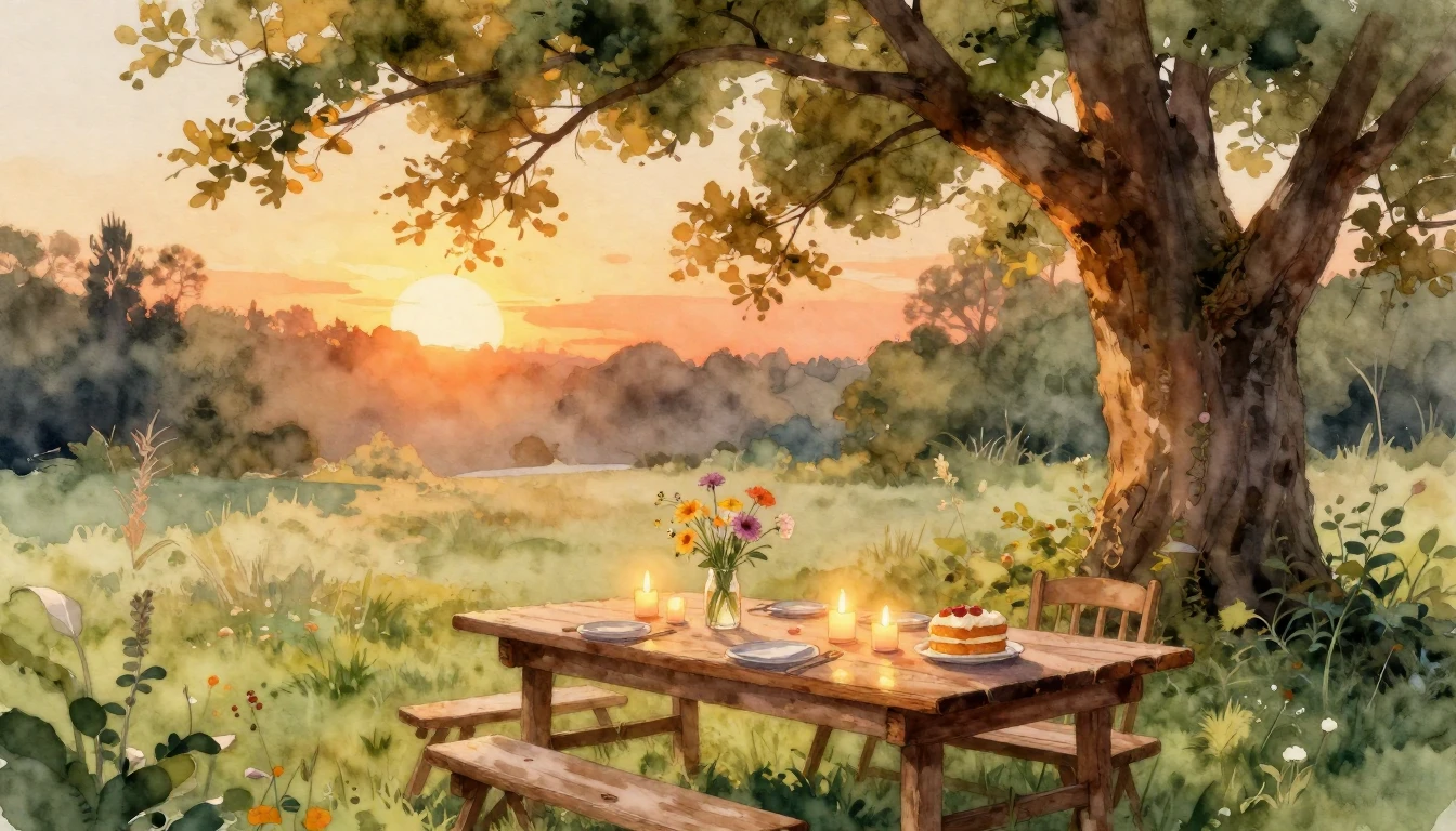 A beautiful watercolor painting of a cozy outdoor garden par...