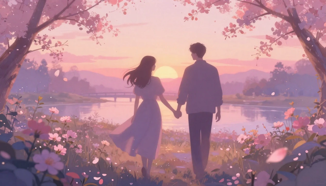 A soft and ethereal scene depicting two silhouettes walking ...