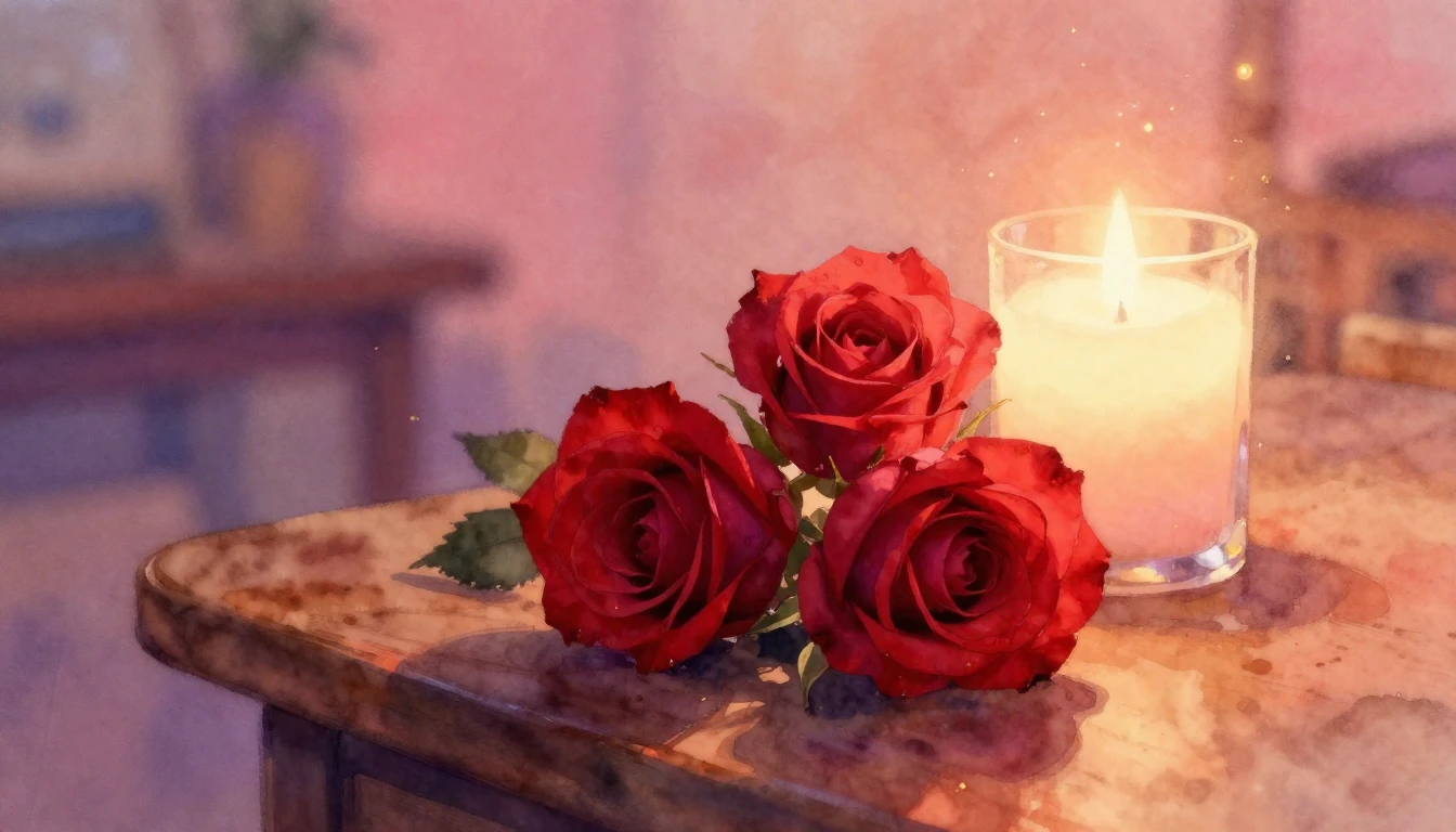 A delicate watercolor painting of two intertwined red roses ...