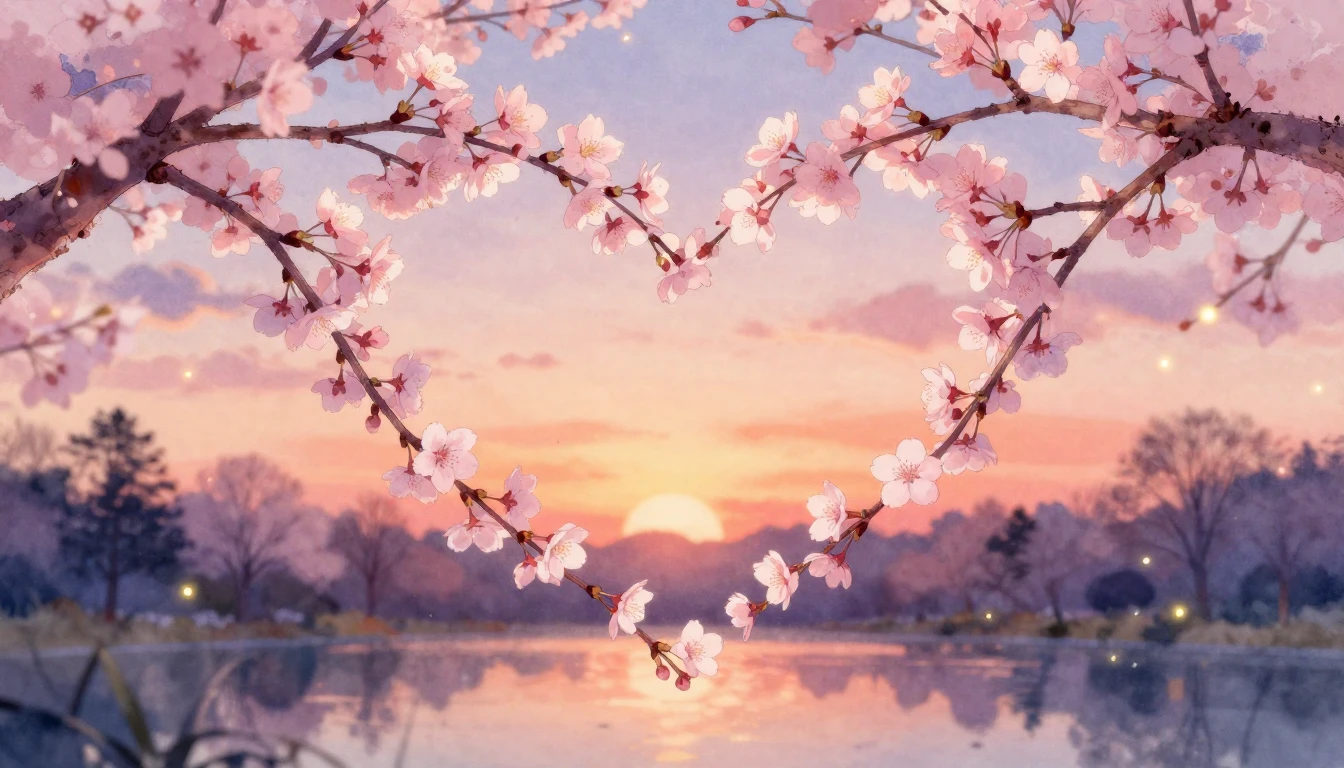 A delicate watercolor painting of two intertwined cherry blo...