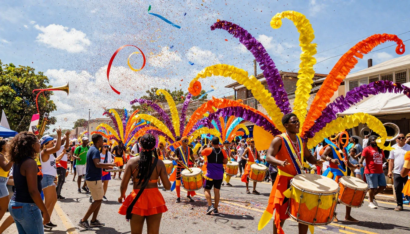 A vibrant and explosive scene of a street festival. Swirls o...