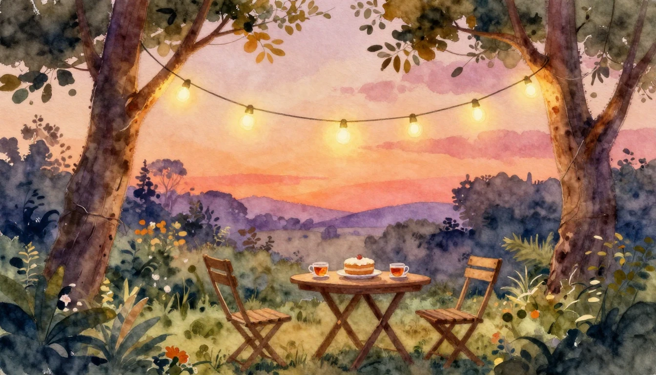 A soft watercolor painting of a cozy outdoor garden party at...