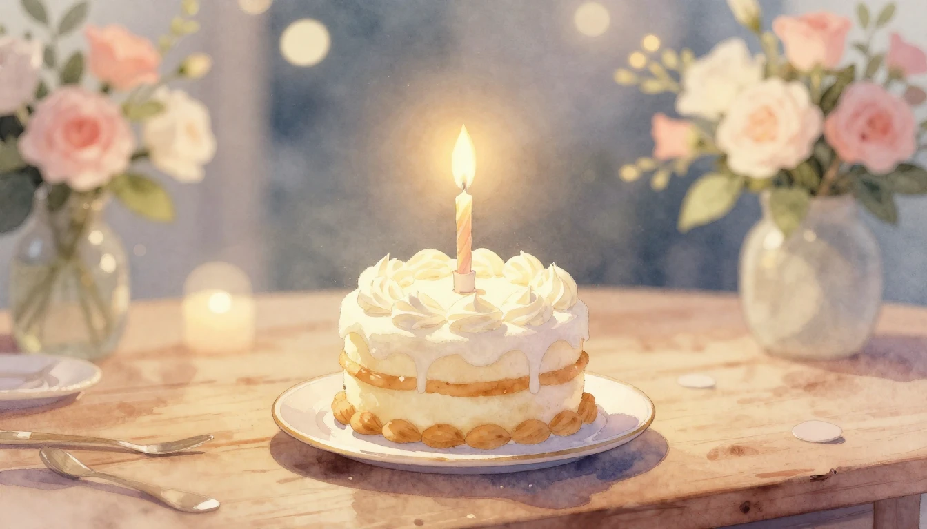 A beautiful watercolor painting of a small, elegant birthday...