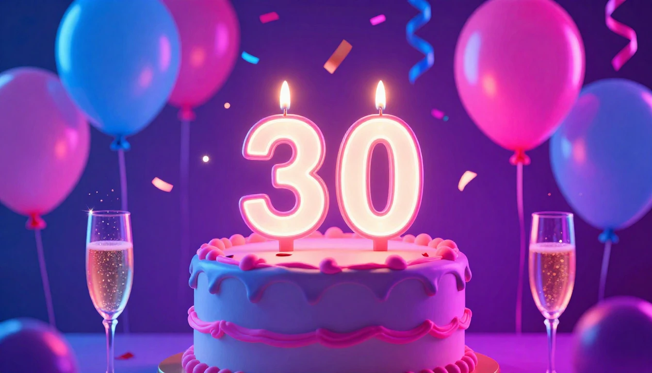 A vibrant and festive birthday scene in a neon style. A styl...