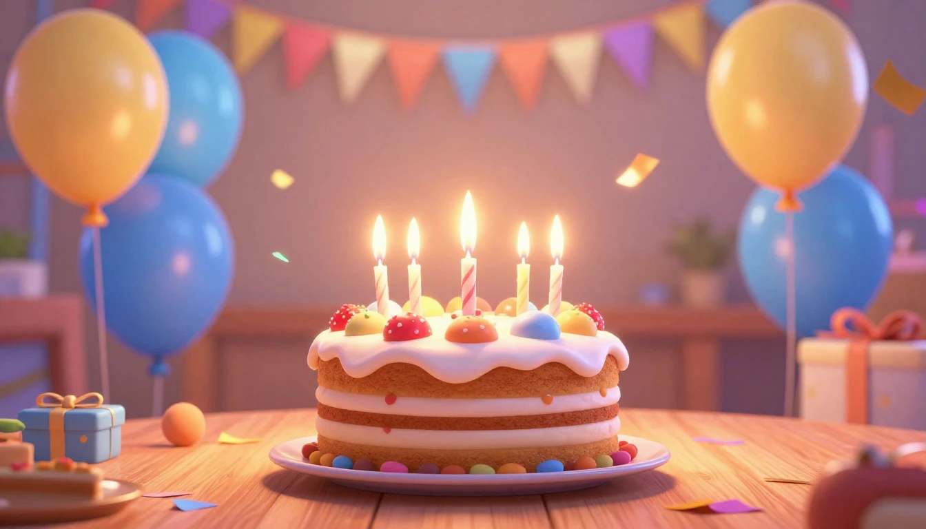 A vibrant and joyful 3D animated scene celebrating a birthda...