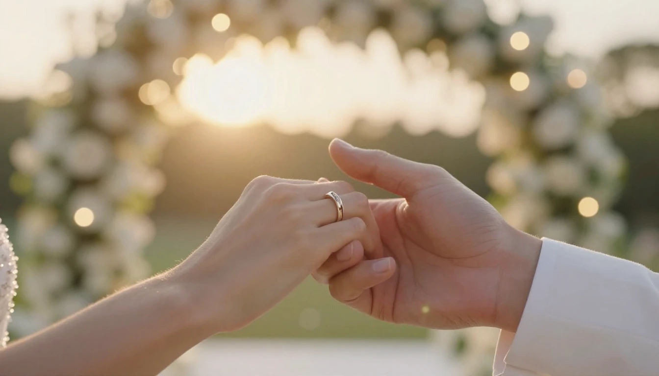 A cinematic and magical wedding scene, close up on two hands...